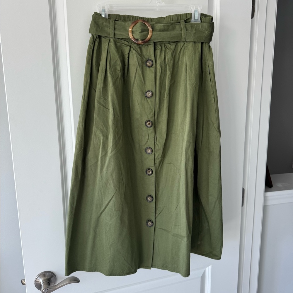 Olive Green Button-Down Midi Skirt